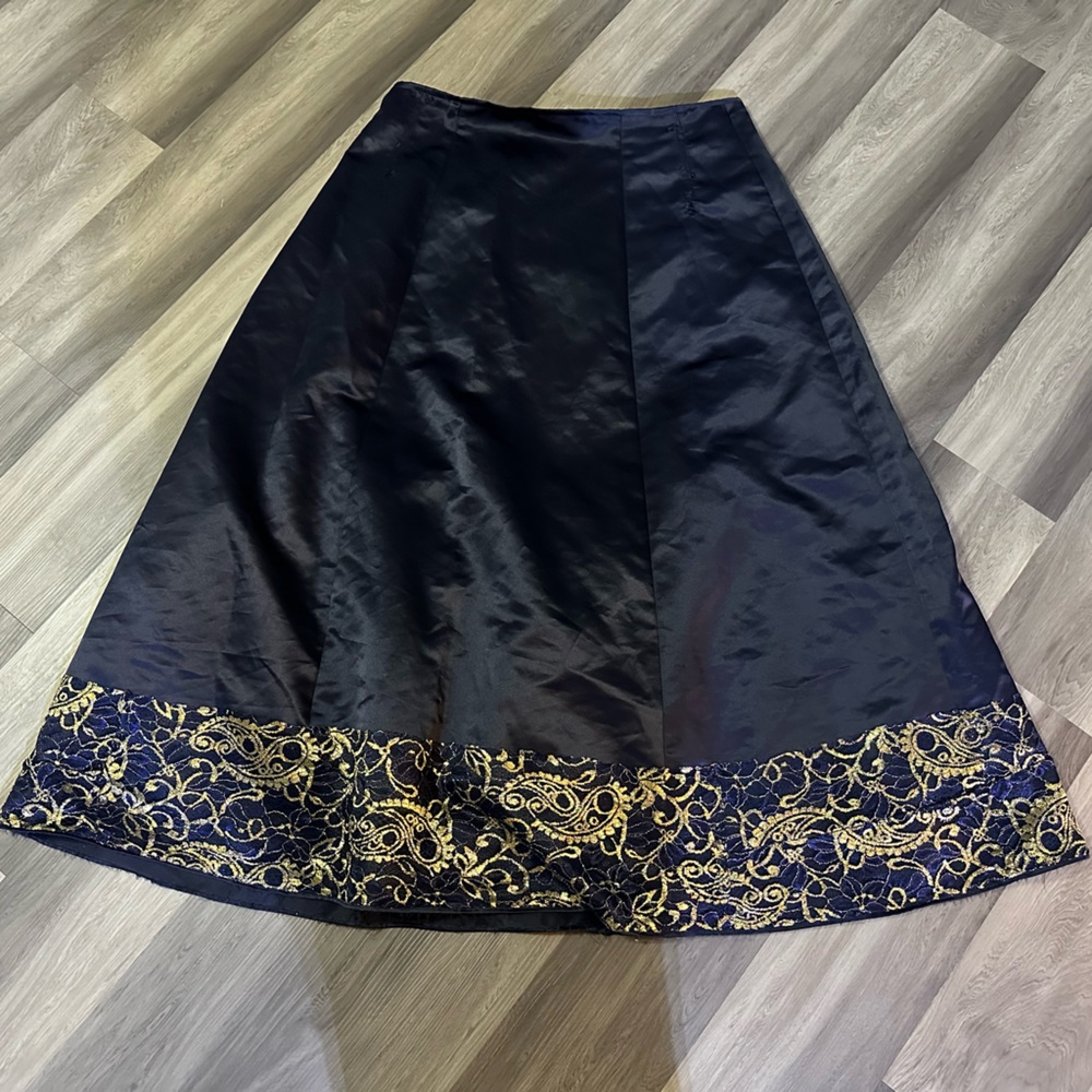 Poly USA Rich Fancy Navy Blue & Gold Formal Long Skirt XL Lavish & Lovely